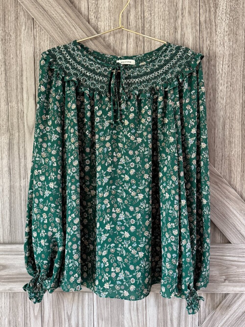 Max Studio Forest Green Floral Smocked Blouse